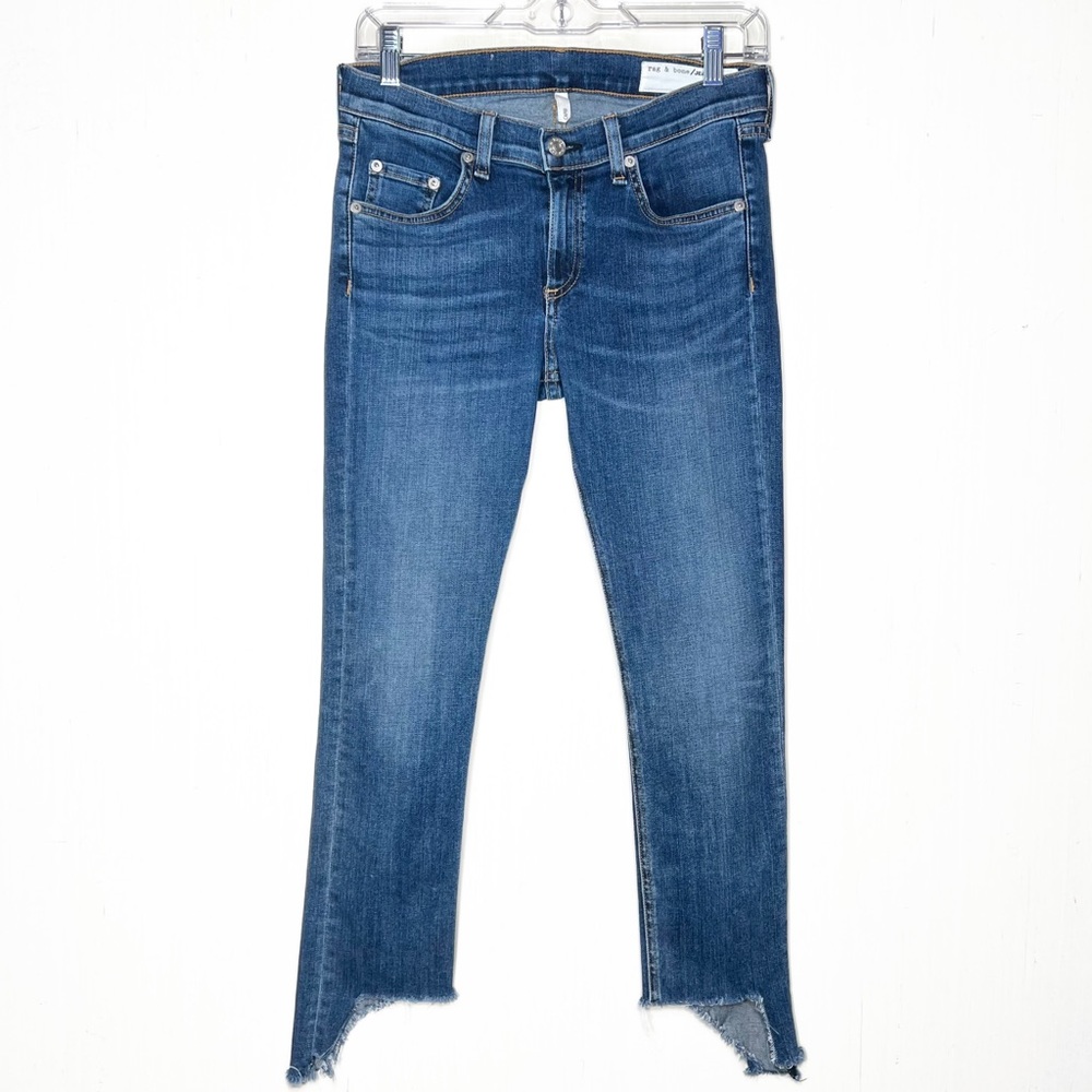 Rag & Bone Fringe Step Hem Distressed Mid Rise Medium Wash Cropped Skinny Jeans - Picture 2 of 11